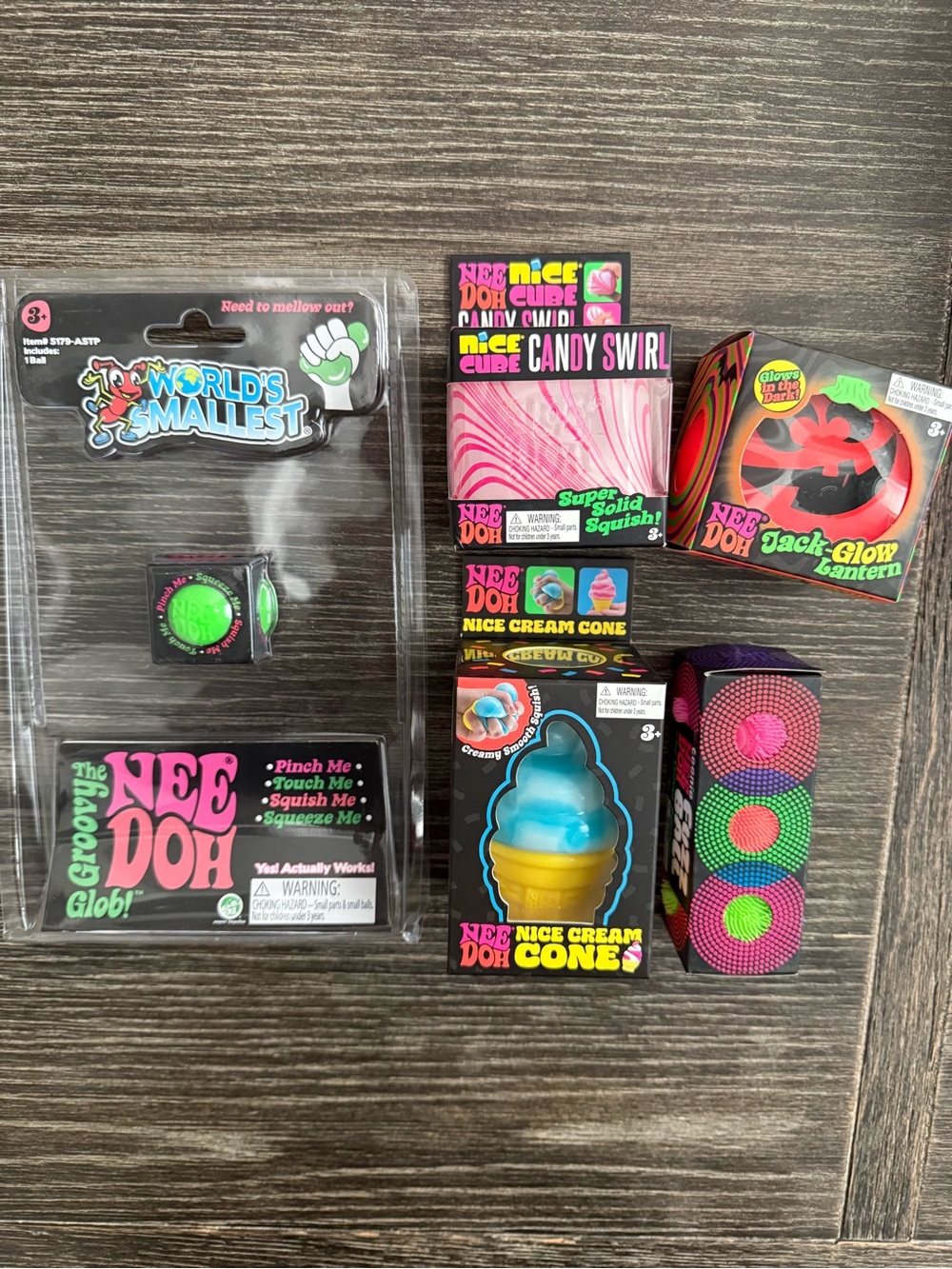NWT NeeDoh Set Bundle Candy Cane swirl, Pumpkin, Fuzz Ball, Nice Cream Cone